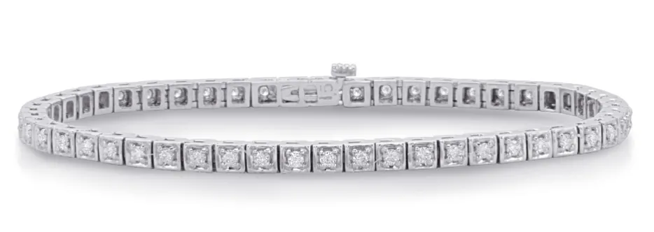 1.02CT DIAMOND 14KT WHITE GOLD 3D ROUND SQUARE ETERNITY FILIGREE TENNIS BRACELET