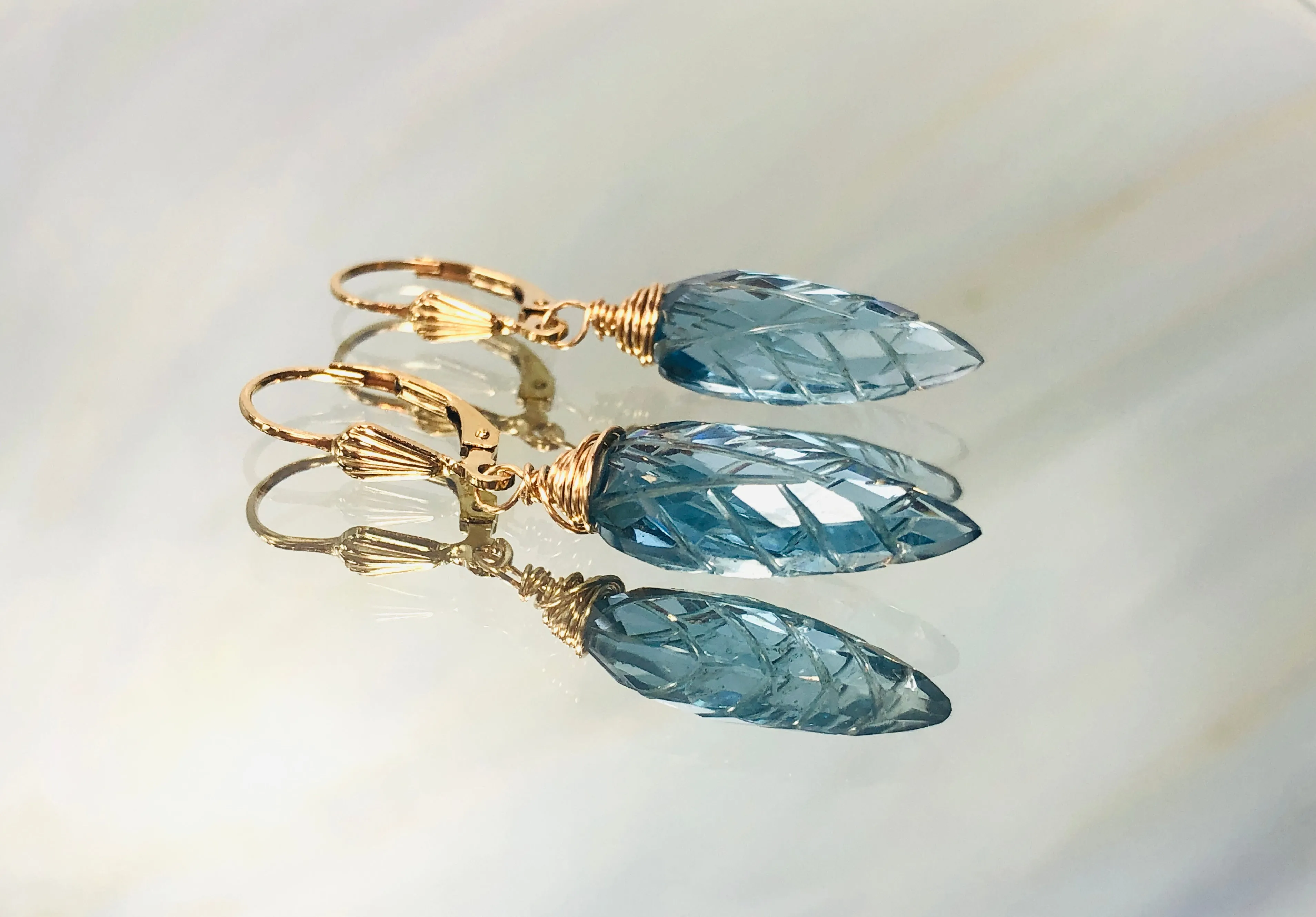 14k Gold Blue Topaz Quartz earrings, Gold Blue Topaz Lever back Earrings