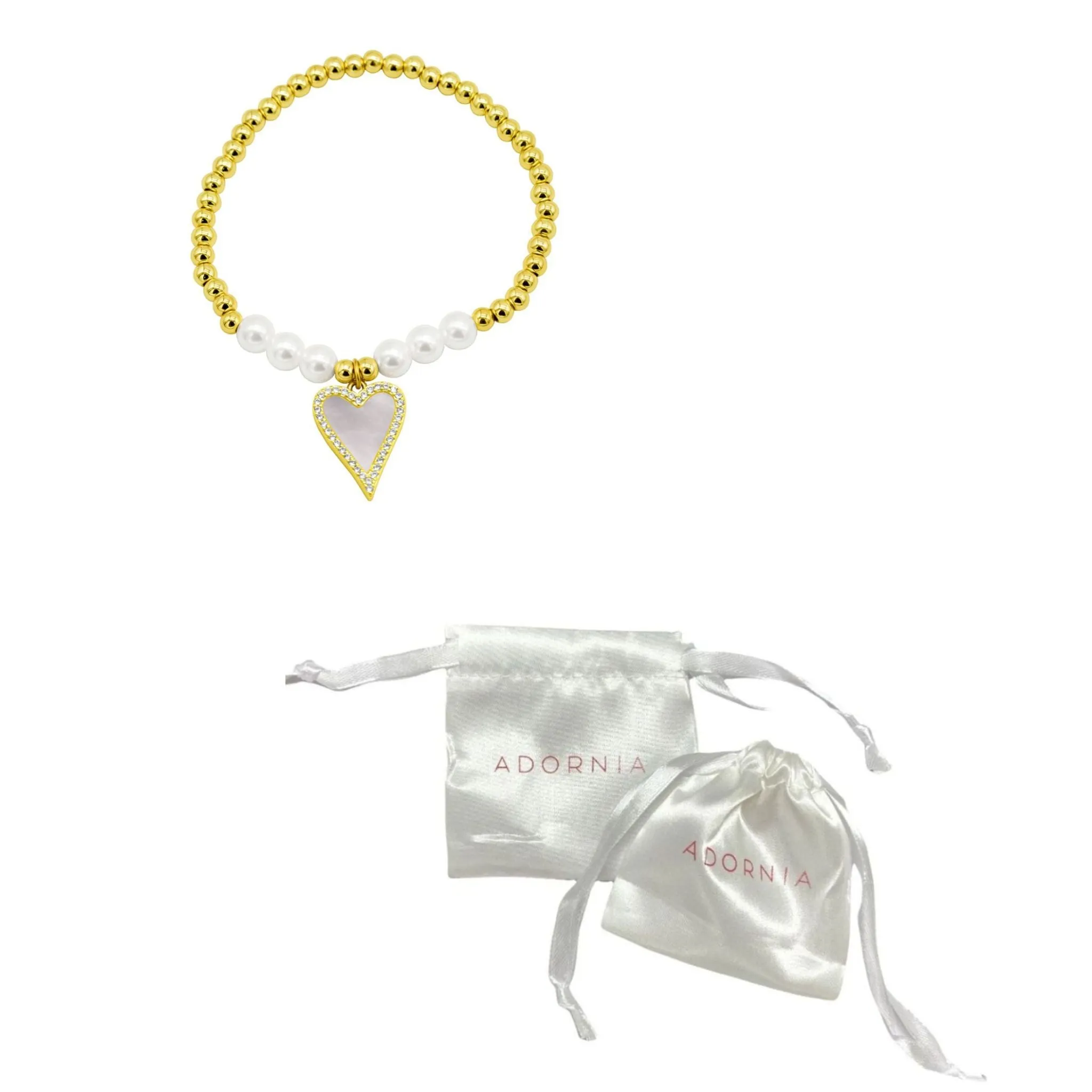 14K Gold Plated Stretch Pearl Bracelet With Mother-of-Pearl Halo Heart