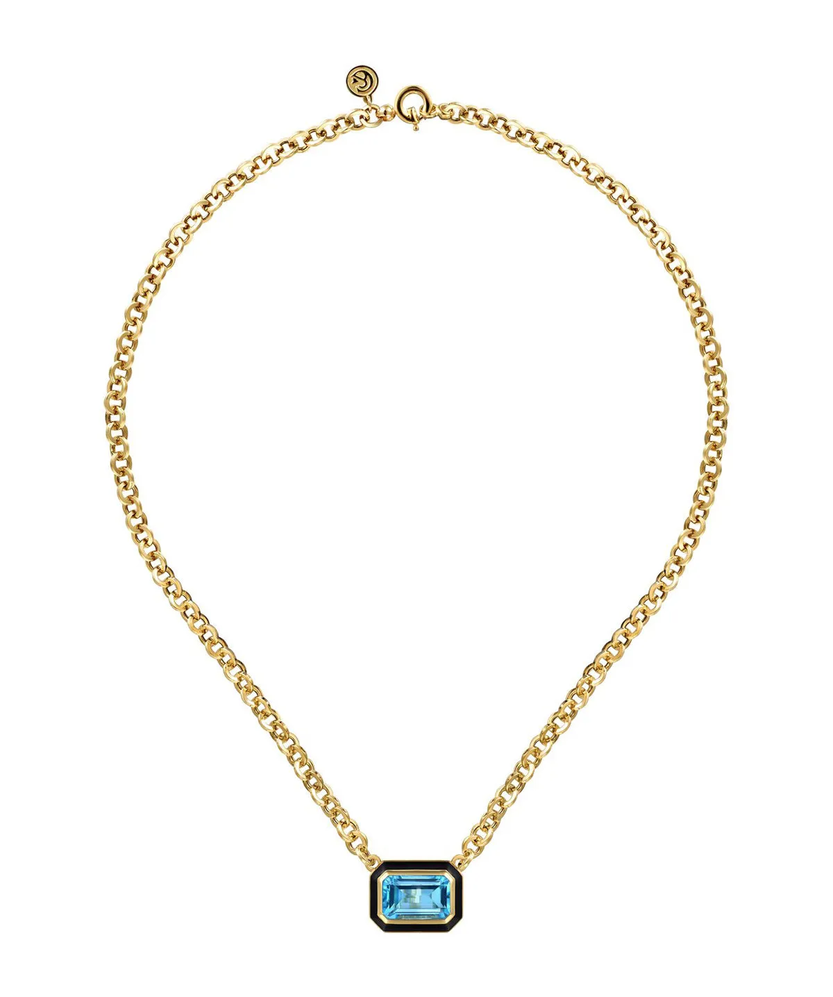 14K Yellow Gold Blue Topaz Emerald Cut Necklace With Flower Pattern J-Back and Black Enamel