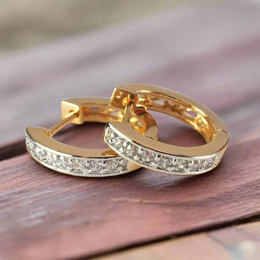 18K Gold Plated Channel Set Sparkly CZ Diamond Petite Hoop Earrings for Woman