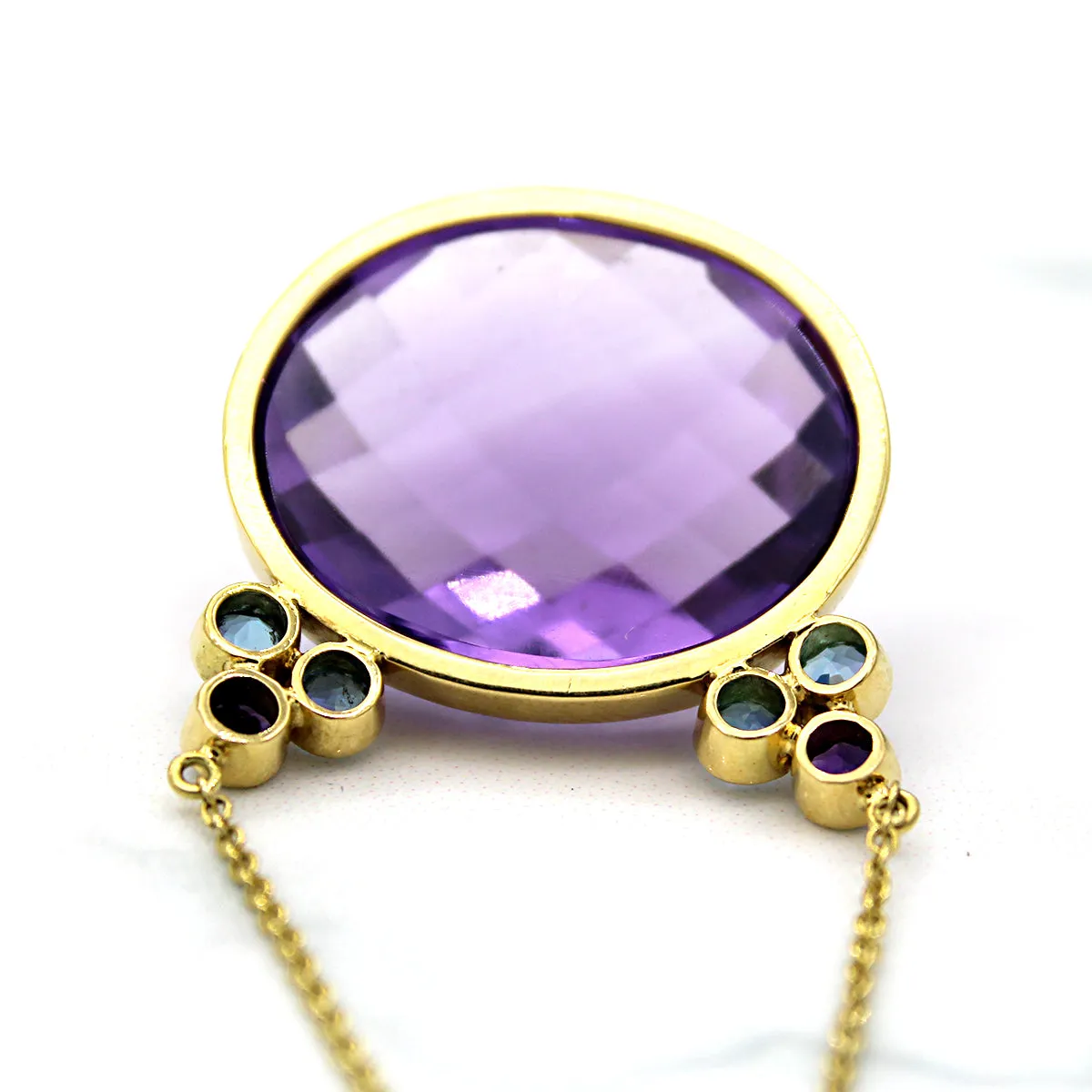 18k Yellow Gold Natural Amethyst Blue Topaz Fine Necklace Pendant