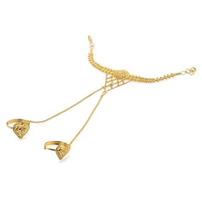 22K Yellow Gold Panja Finger Bracelet W/ Double Rings, Heart Accents & Beaded Filigree Band, 34.3 Grams