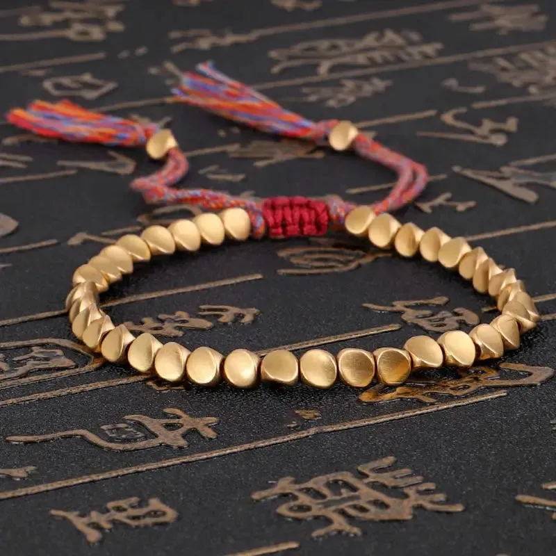 652F Tibetan Copper Bead Bracelet Braided String Bracelet Buddhist Prayer Yoga Prayer