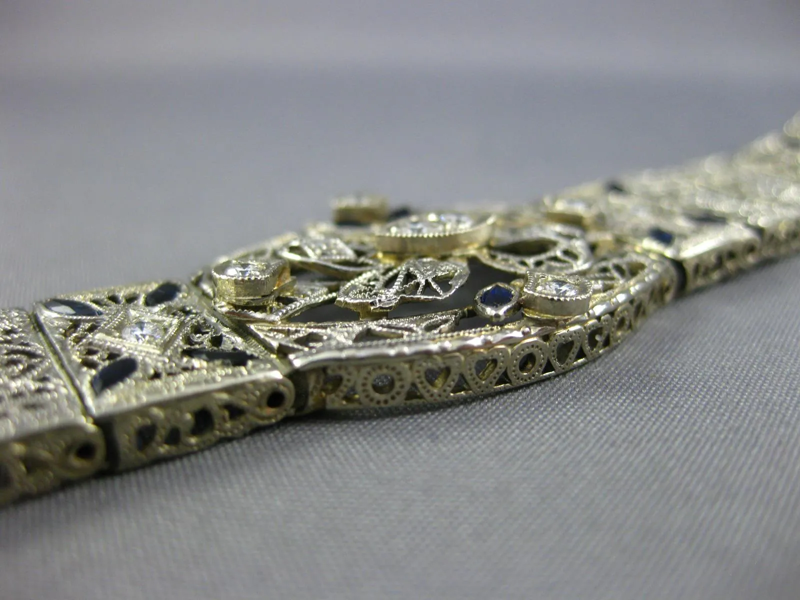 ANTIQUE WIDE & LONG 1.3CT OLD MINE DIAMOND & AAA SAPPHIRE PLATINUM GOLD BRACELET