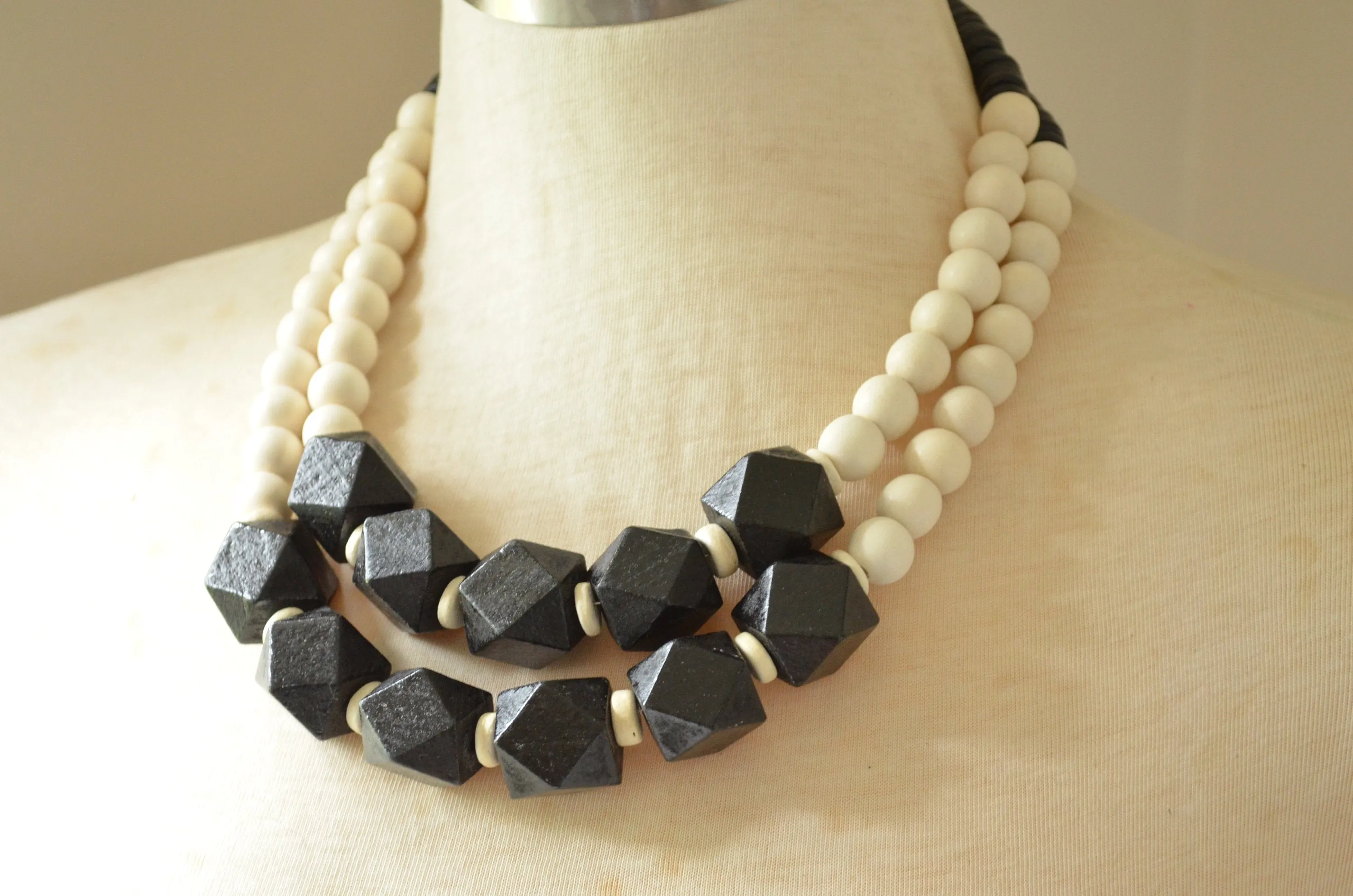 Black White Wood Bead Multi Strand Chunky Statement Necklace - Riley