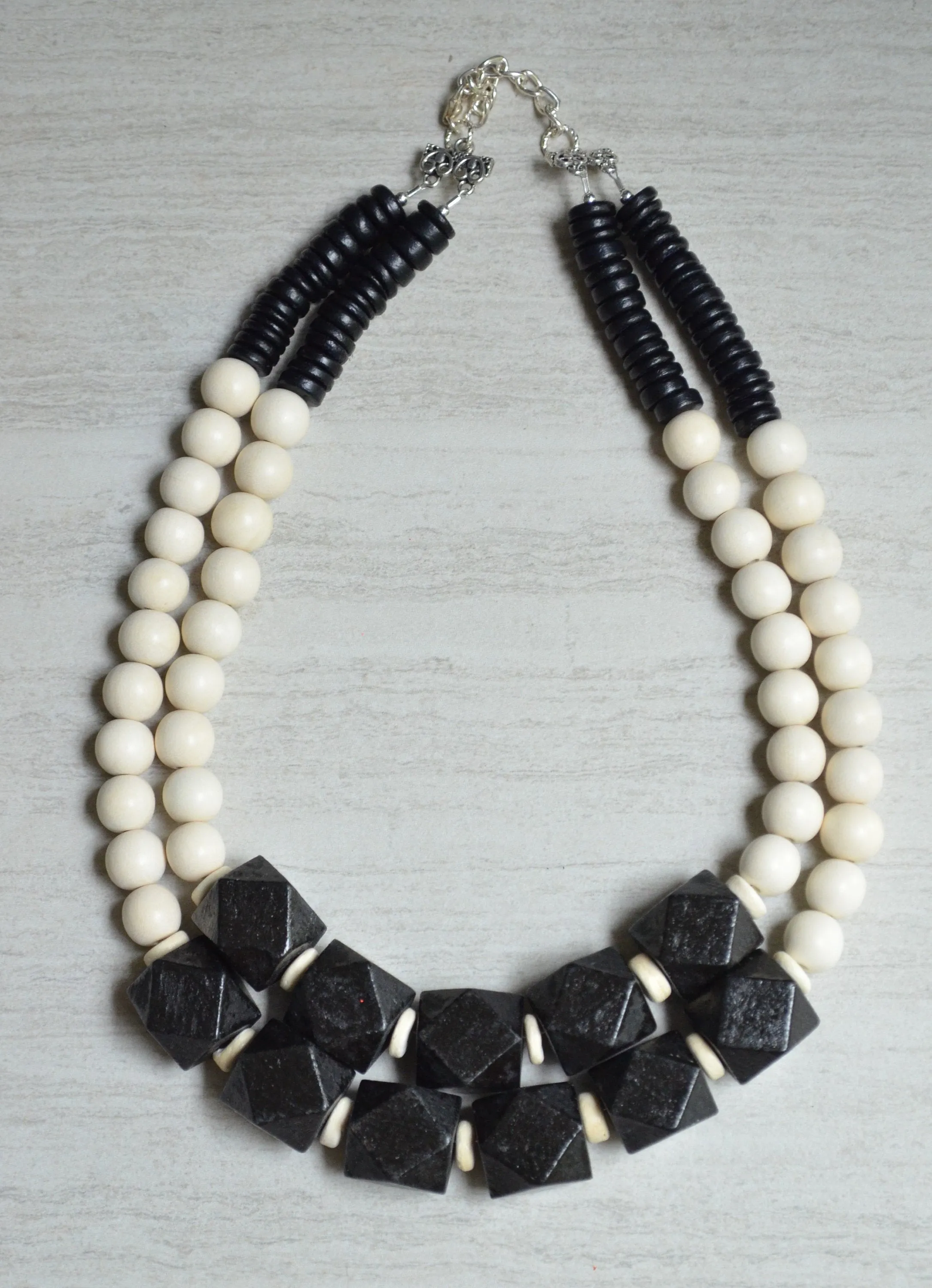 Black White Wood Bead Multi Strand Chunky Statement Necklace - Riley