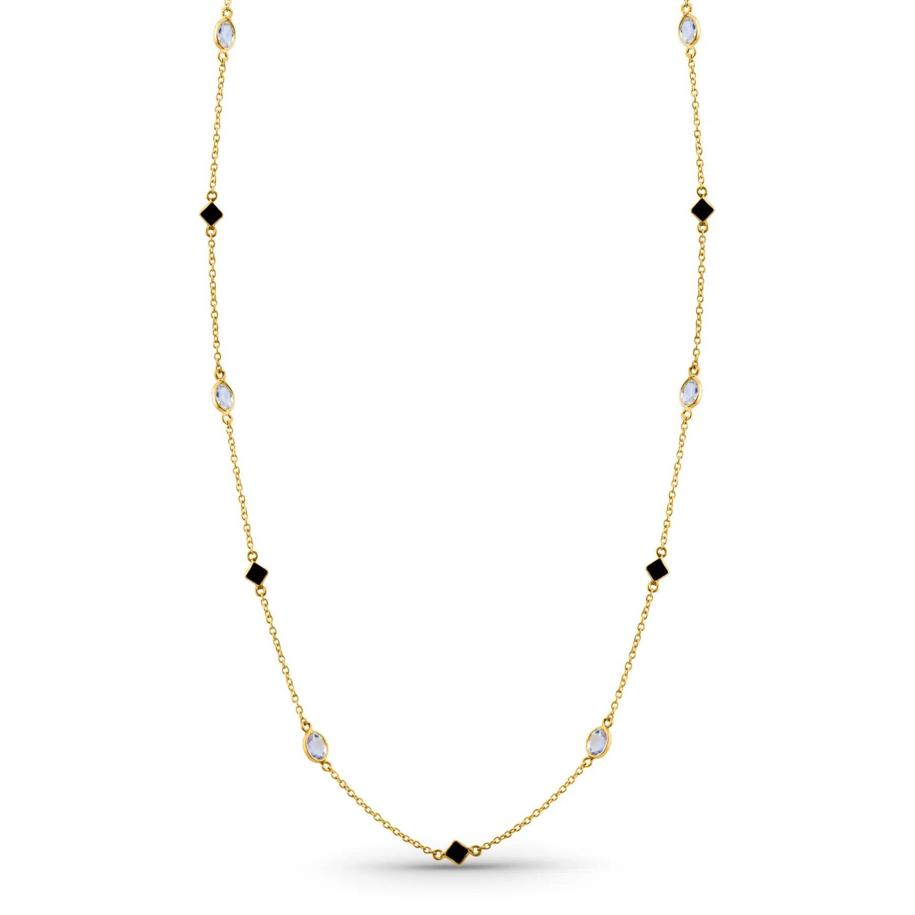 Blue Sapphire Square & Rainbow Moonstone Oval Station Necklace In 18K Yellow Gold