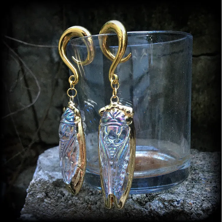 Clear quartz cicada gauged earrings-Insect ear weights