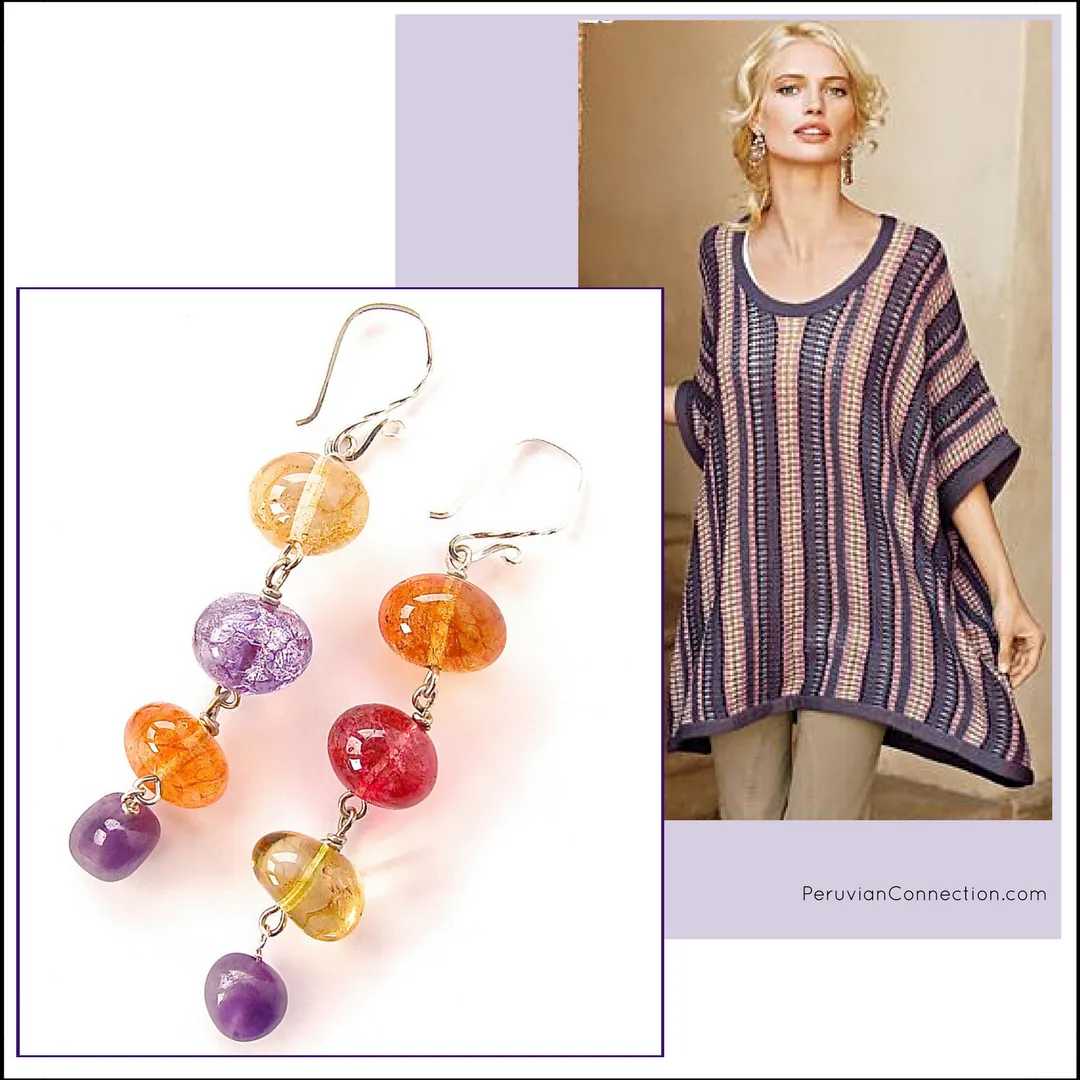 Delany: Gemstone Drop Earrings with Amethyst and Quartz