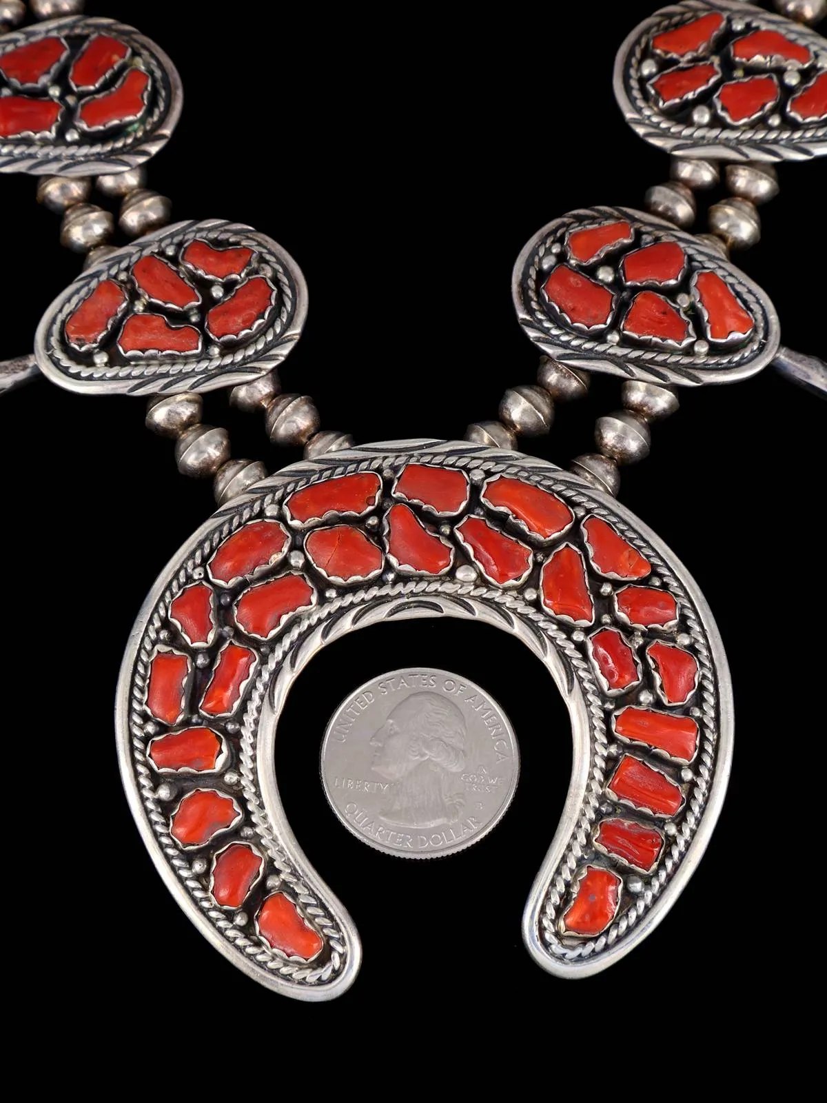 Estate Vintage Sterling Silver Natural Coral Squash Blossom Necklace