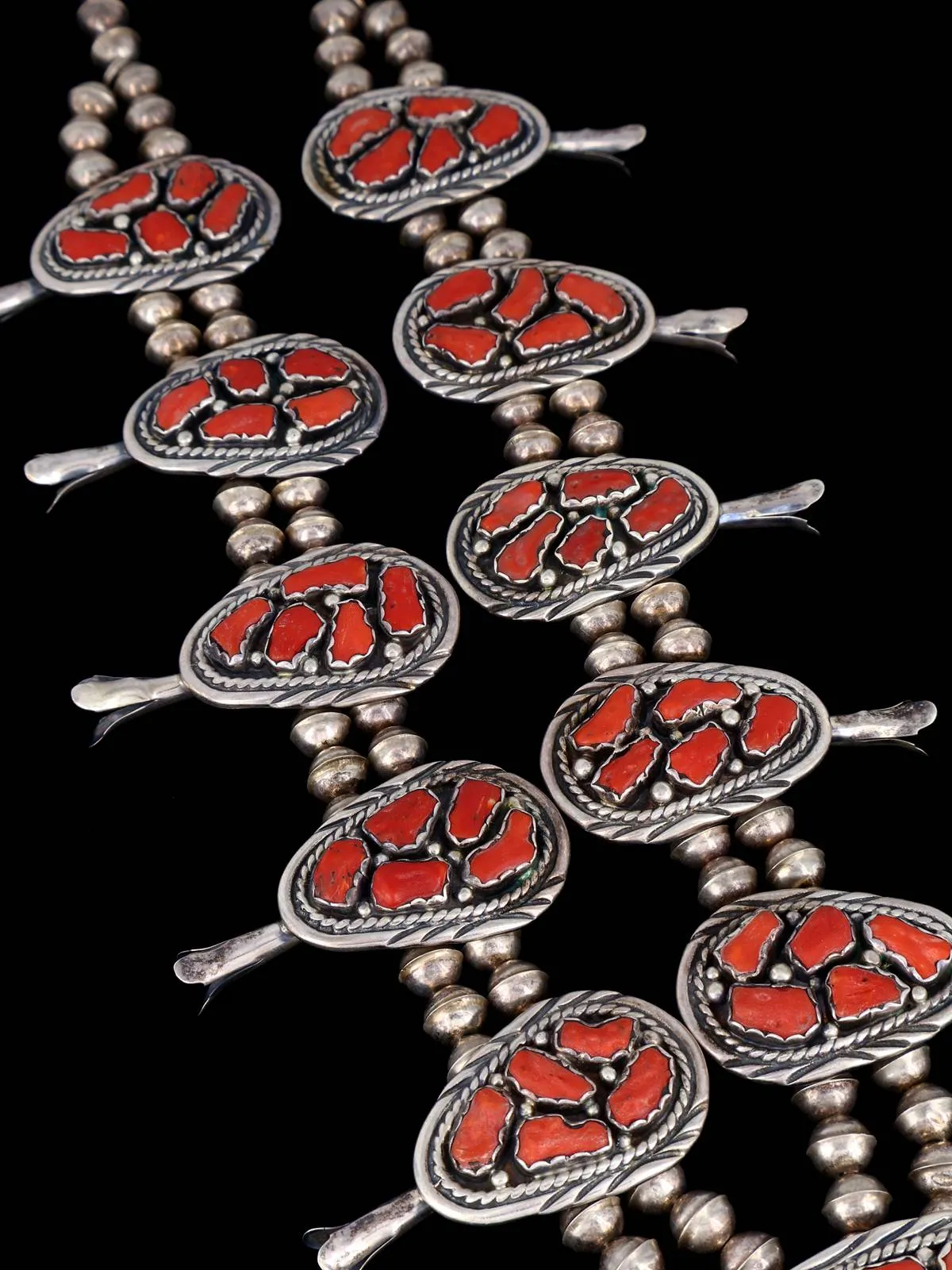 Estate Vintage Sterling Silver Natural Coral Squash Blossom Necklace