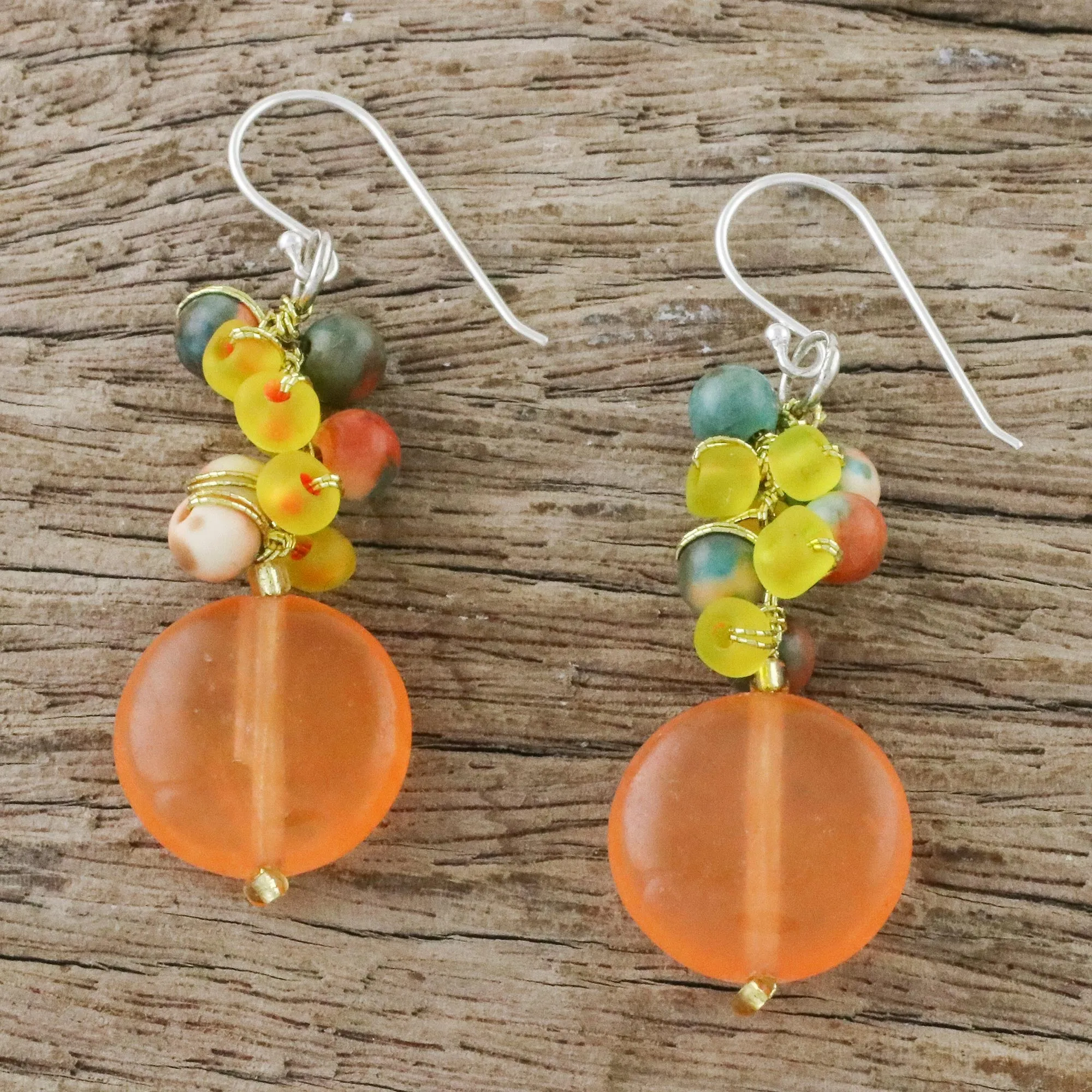 Fun Circles in Orange Orange Quartz and Glass Bead Dangle Earrings from Thailand