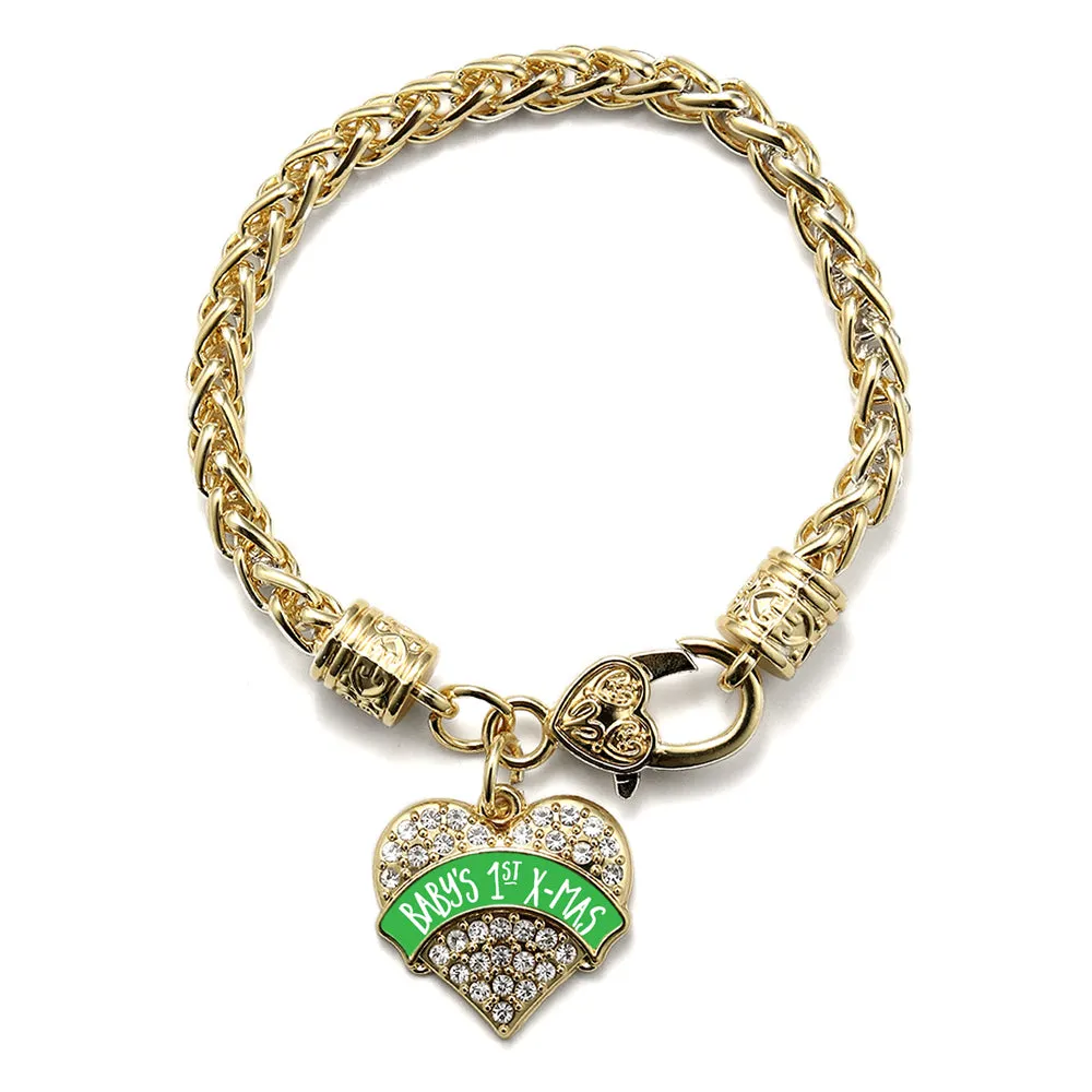 Gold Green Banner Baby's 1st X-Mas Pave Heart Charm Braided Bracelet
