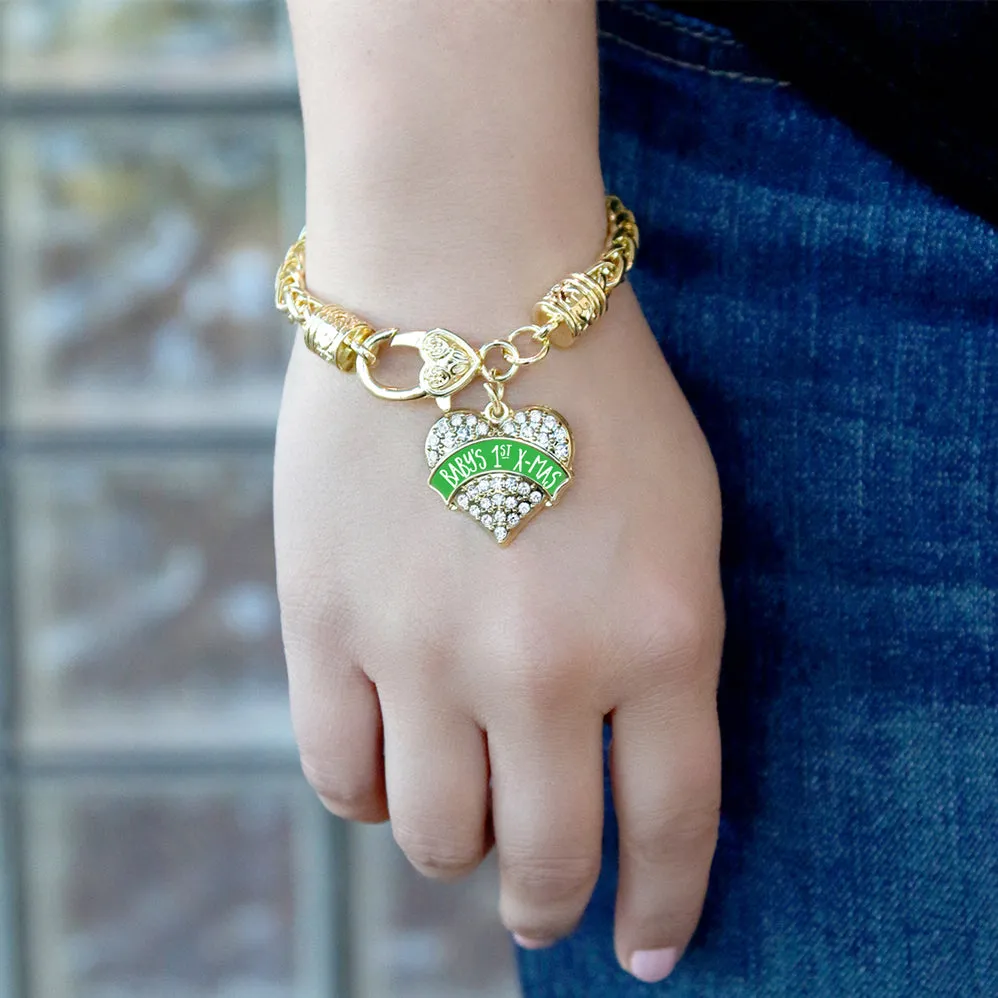 Gold Green Banner Baby's 1st X-Mas Pave Heart Charm Braided Bracelet