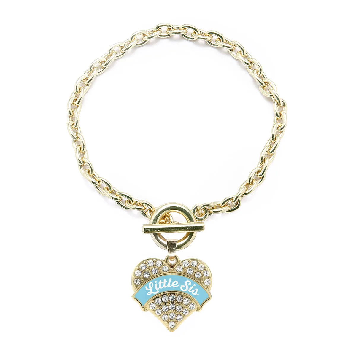 Gold Light Blue Little Sister Pave Heart Charm Toggle Bracelet