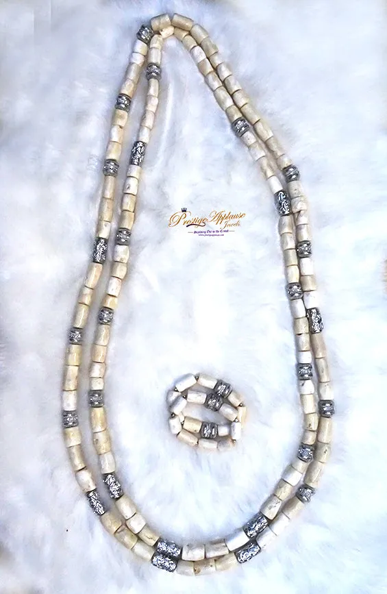 His Emperor Majesty Oba King Extra Long 100% Traditional White Coral Beads Embelished Necklace Set