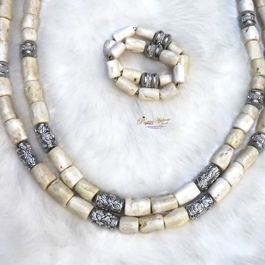 His Emperor Majesty Oba King Extra Long 100% Traditional White Coral Beads Embelished Necklace Set