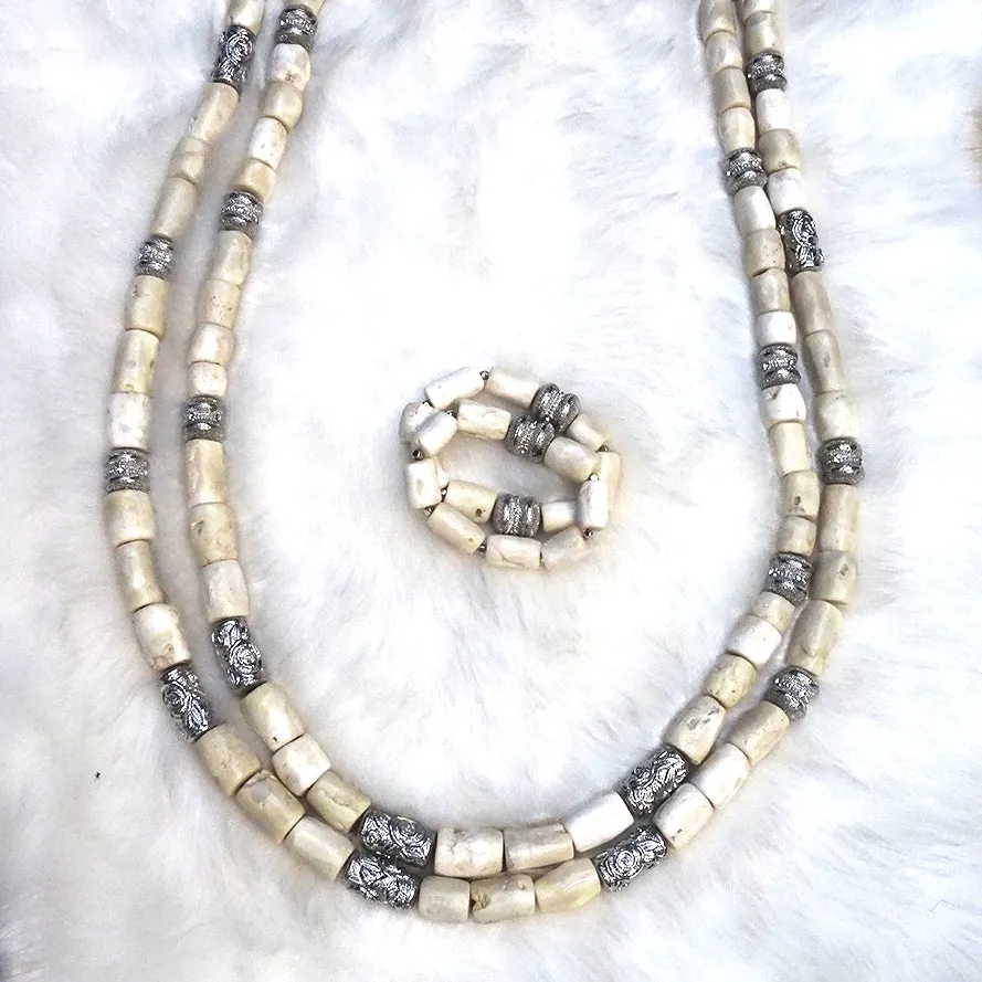 His Emperor Majesty Oba King Extra Long 100% Traditional White Coral Beads Embelished Necklace Set