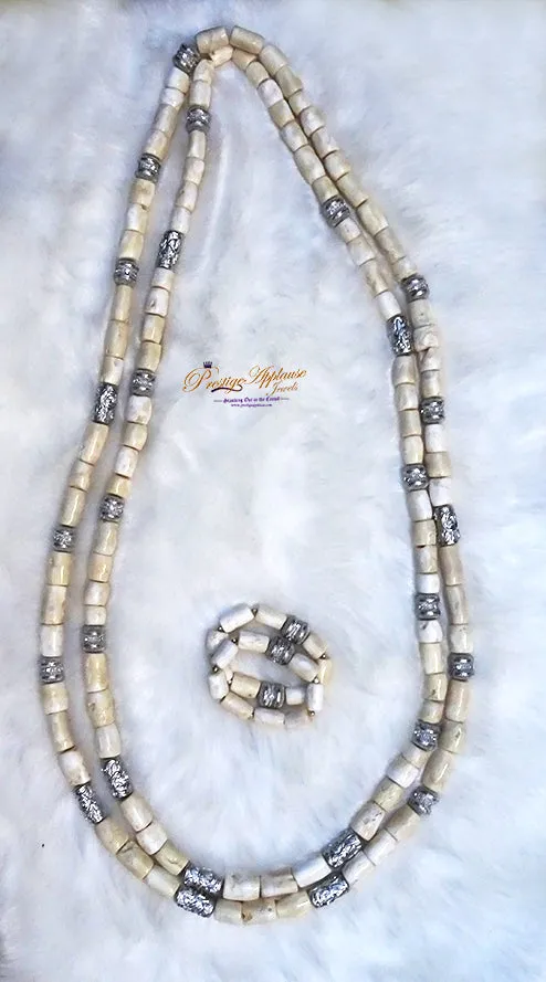 His Emperor Majesty Oba King Extra Long 100% Traditional White Coral Beads Embelished Necklace Set