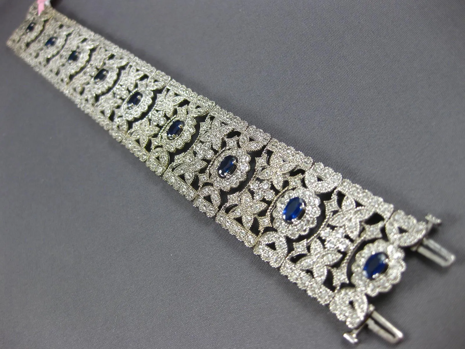 LARGE & LONG 7.15CT DIAMOND & AAA SAPPHIRE 14K WHITE GOLD FLOWER TENNIS BRACELET
