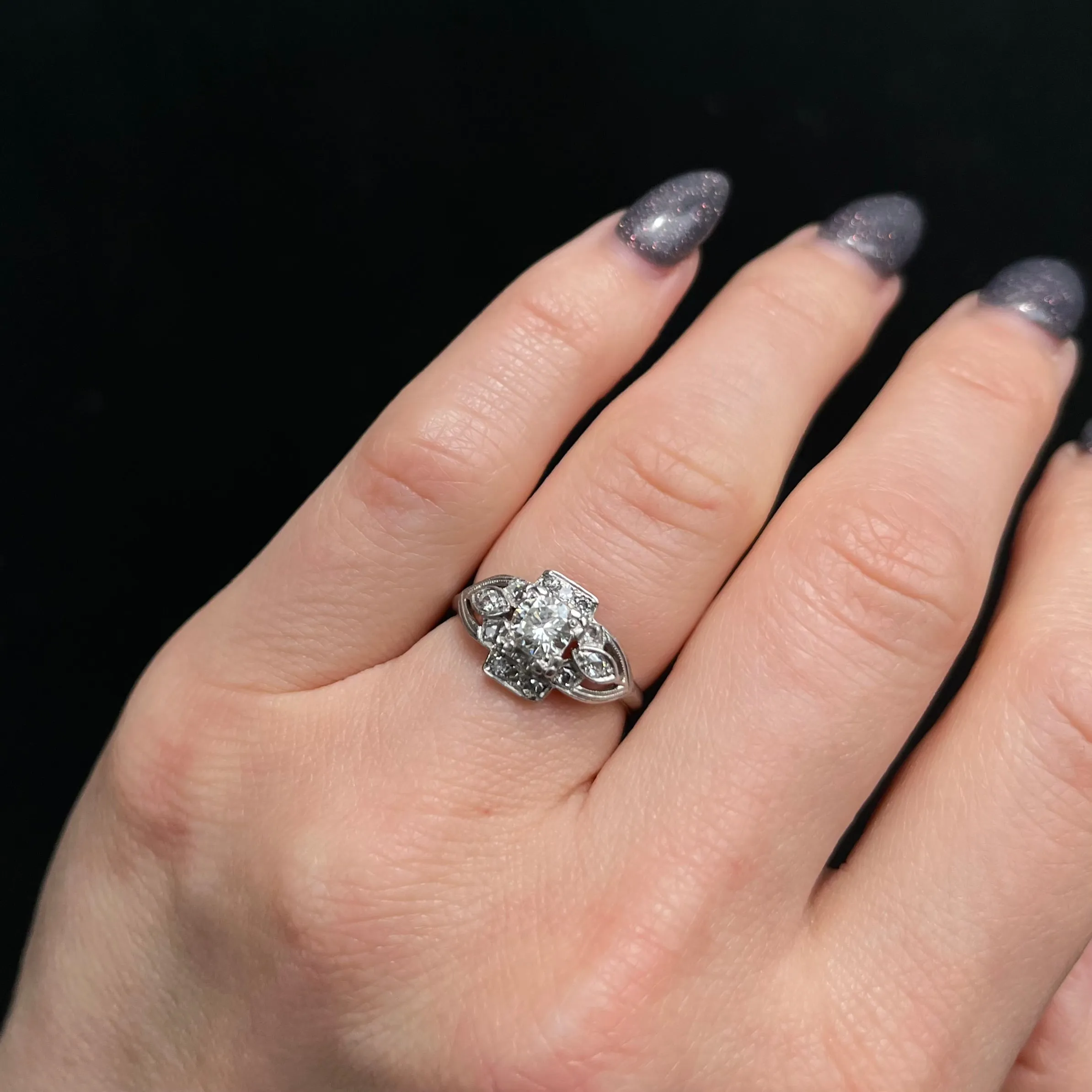 Late Art Deco Platinum 0.46 Carat Transitional Cut Diamond Ring