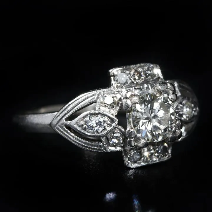 Late Art Deco Platinum 0.46 Carat Transitional Cut Diamond Ring