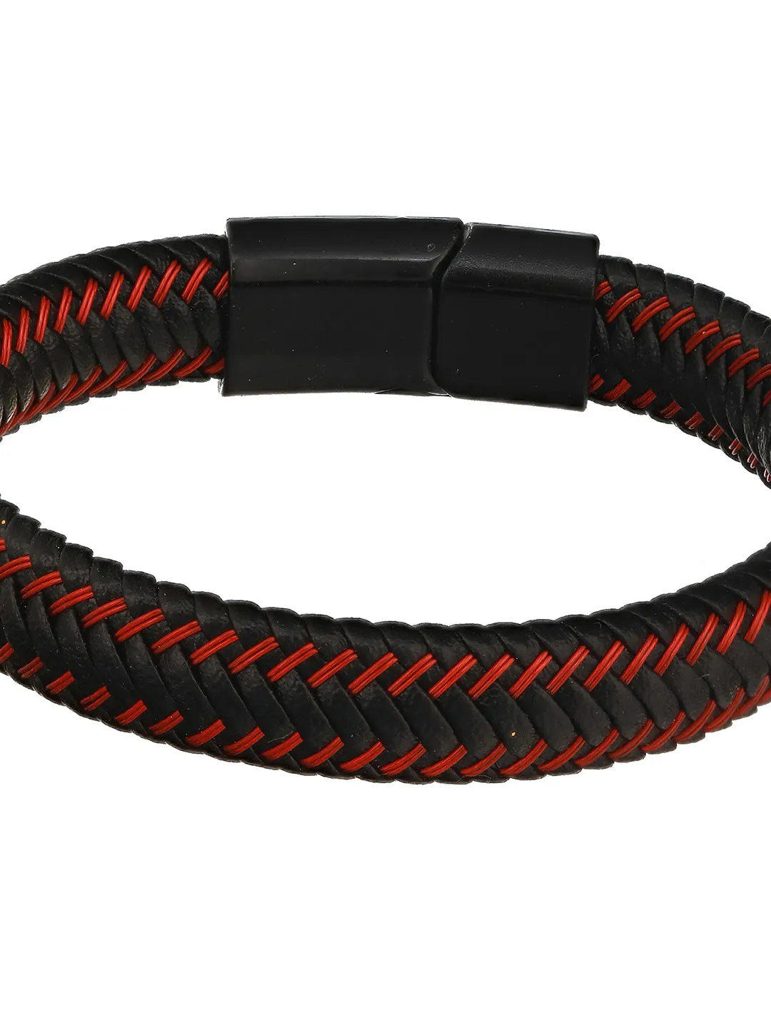 Men Black & Red Leather Wraparound Bracelet