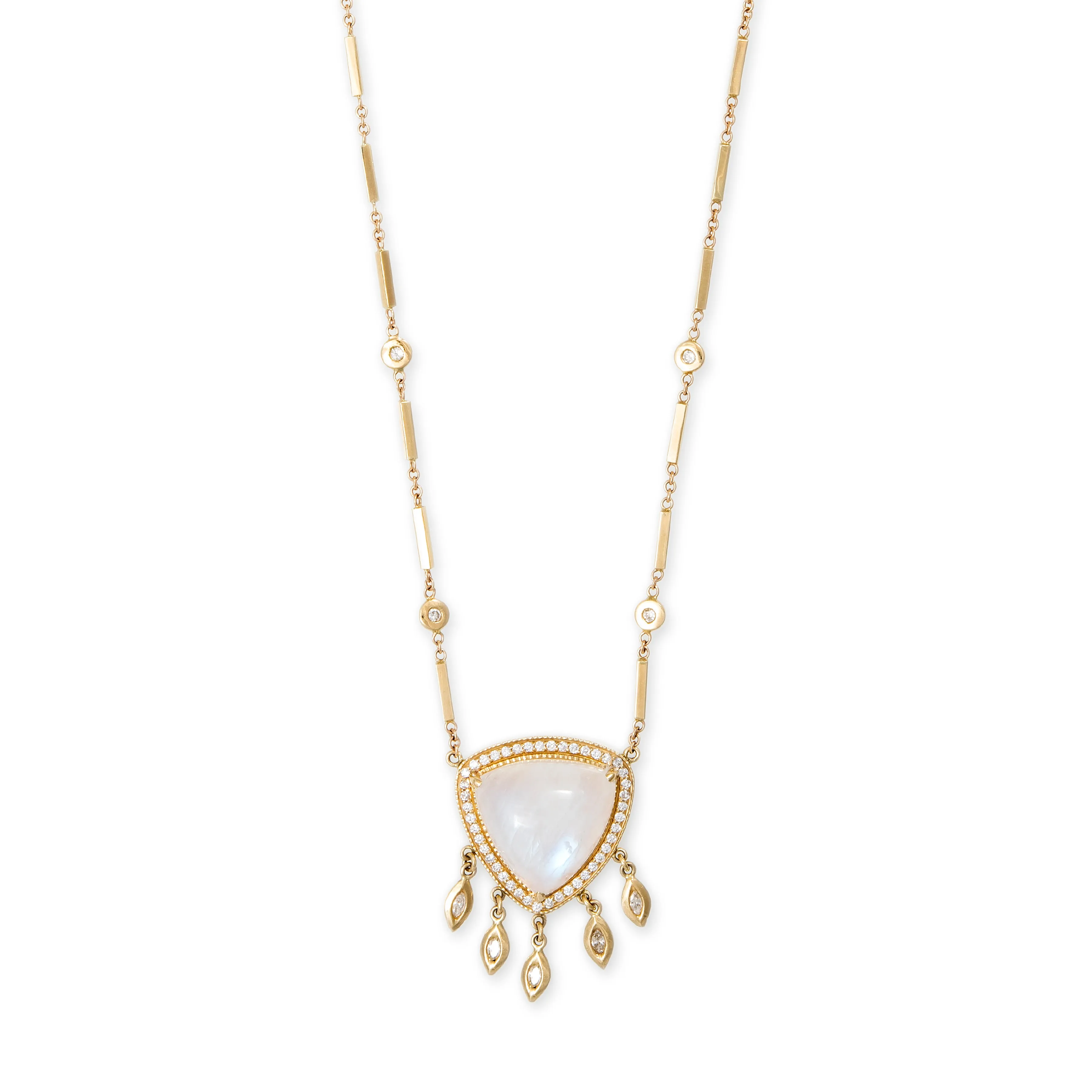 PAVE MOONSTONE  TRILLION   5 MARQUISE DIAMOND SHAKER SMOOTH BAR NECKLACE