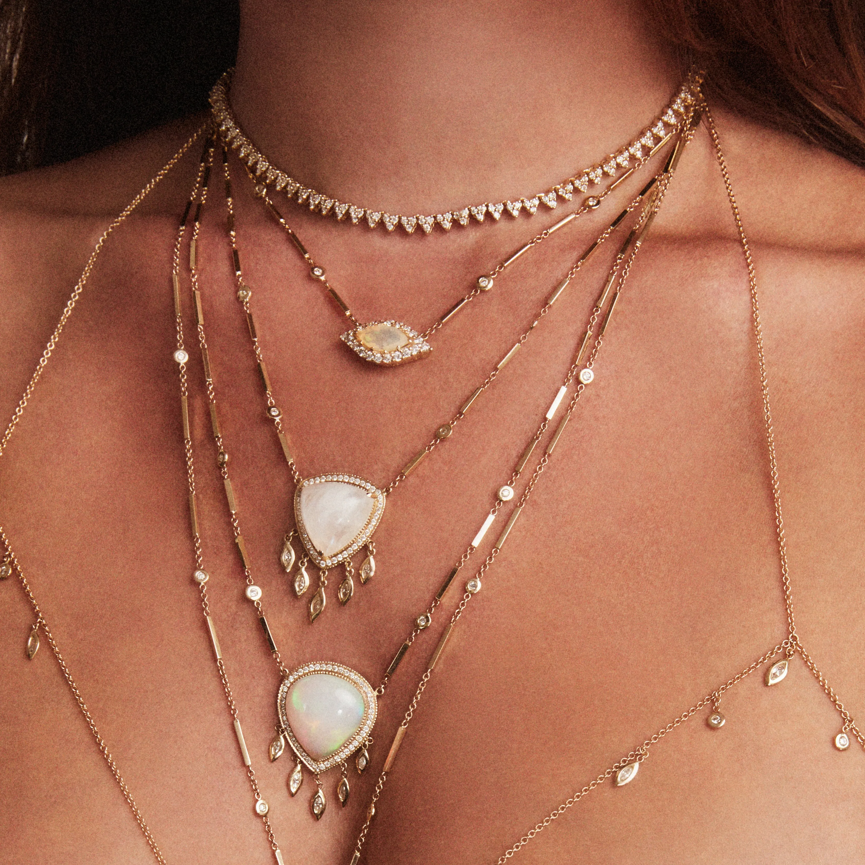 PAVE MOONSTONE  TRILLION   5 MARQUISE DIAMOND SHAKER SMOOTH BAR NECKLACE