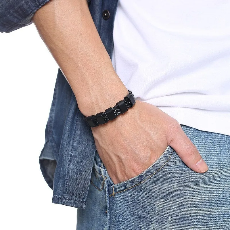 Personalized Mens Braided Leather Bracelet | Family Names Bracelet | Stainless Steel Men's Engraved Bracelet | Bracelet for Men | Men Bangle