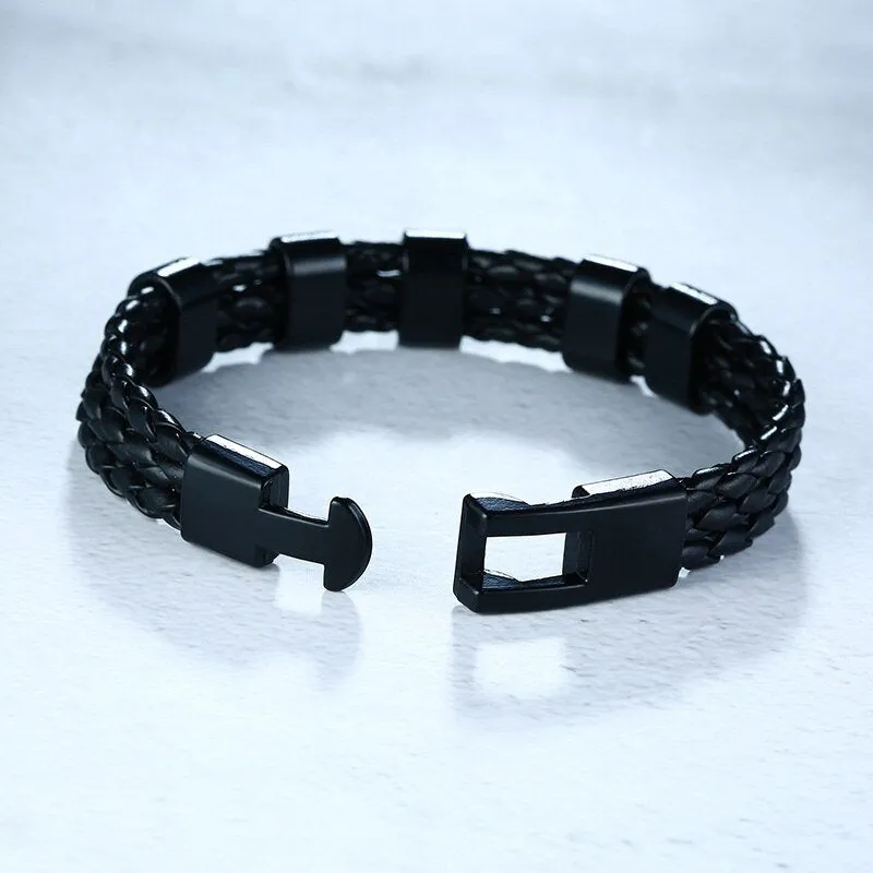Personalized Mens Braided Leather Bracelet | Family Names Bracelet | Stainless Steel Men's Engraved Bracelet | Bracelet for Men | Men Bangle