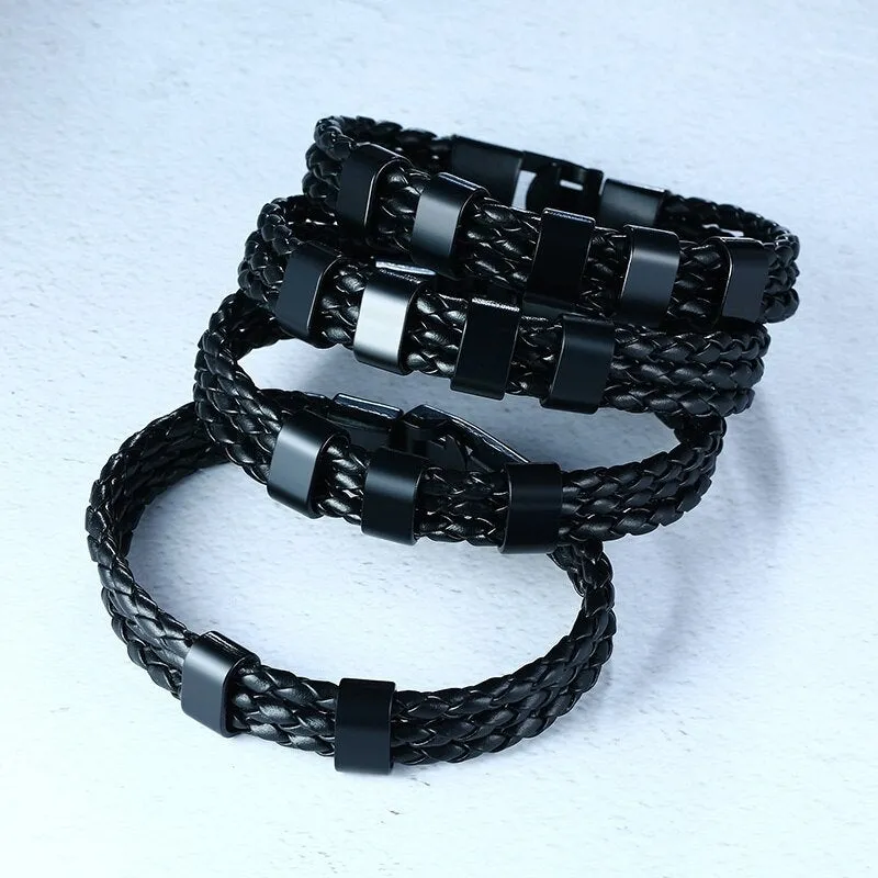 Personalized Mens Braided Leather Bracelet | Family Names Bracelet | Stainless Steel Men's Engraved Bracelet | Bracelet for Men | Men Bangle