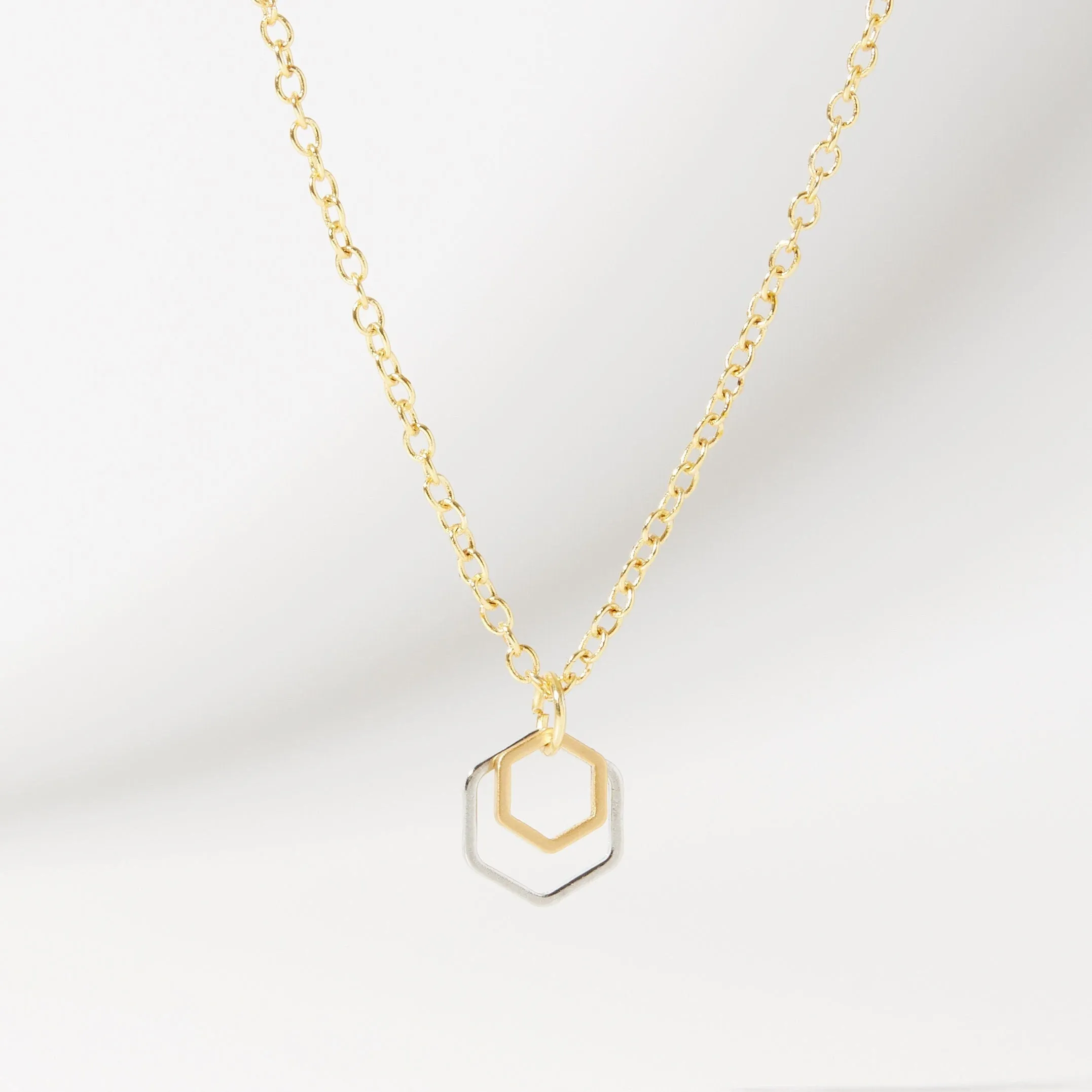 "Le Contour" Mini Hexagon Silver and Gold Mixed Metal Necklace