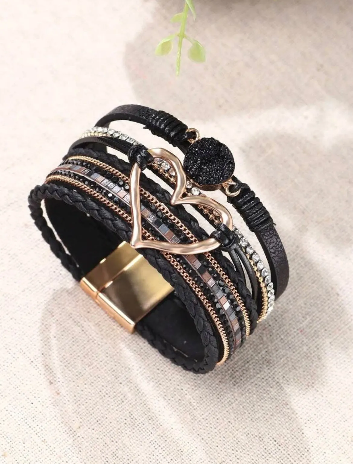 Rhinestone Heart Wrap Bracelet - Black