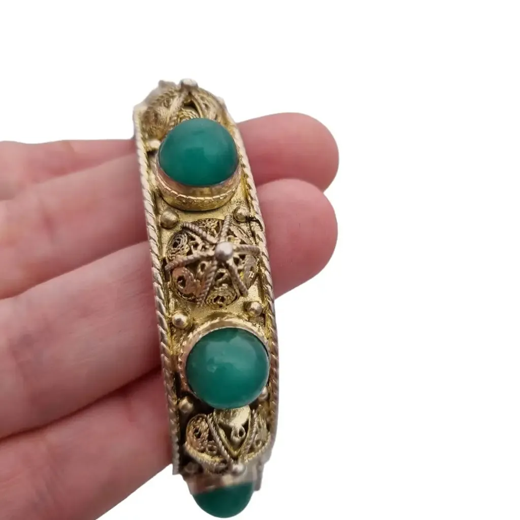 Silver filigree bracelet and green jade stones, gifts for women.