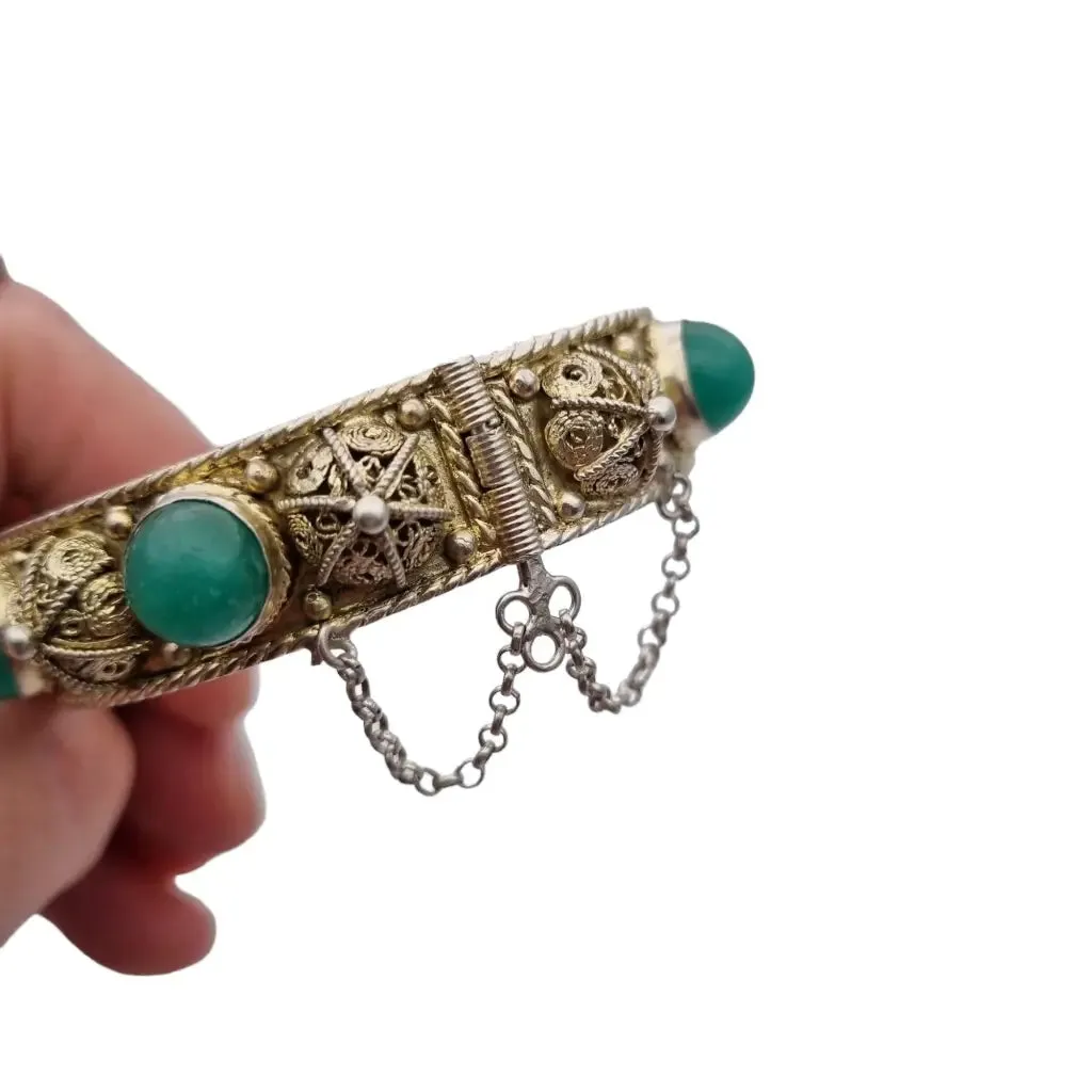 Silver filigree bracelet and green jade stones, gifts for women.