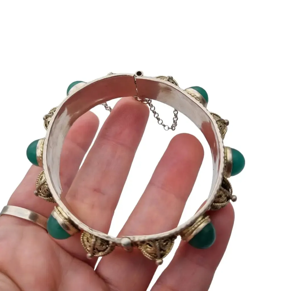 Silver filigree bracelet and green jade stones, gifts for women.