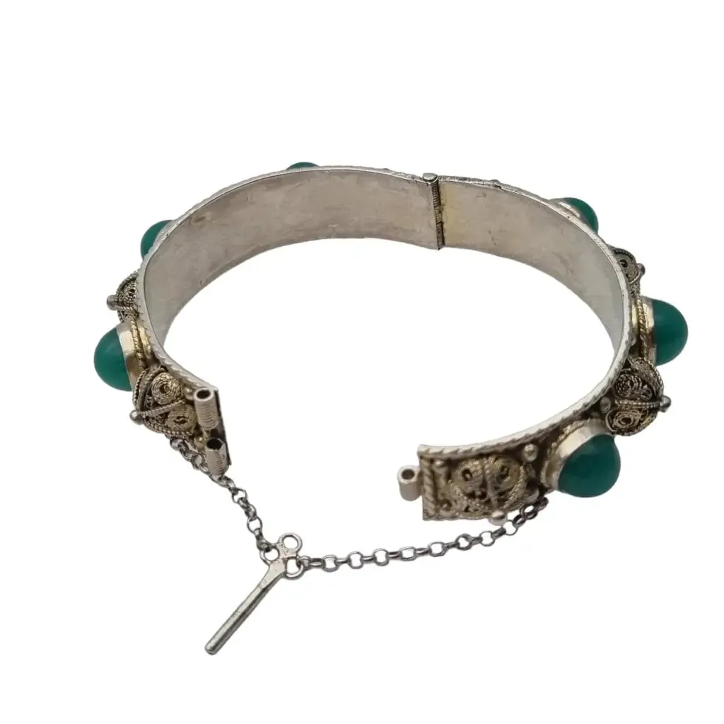 Silver filigree bracelet and green jade stones, gifts for women.