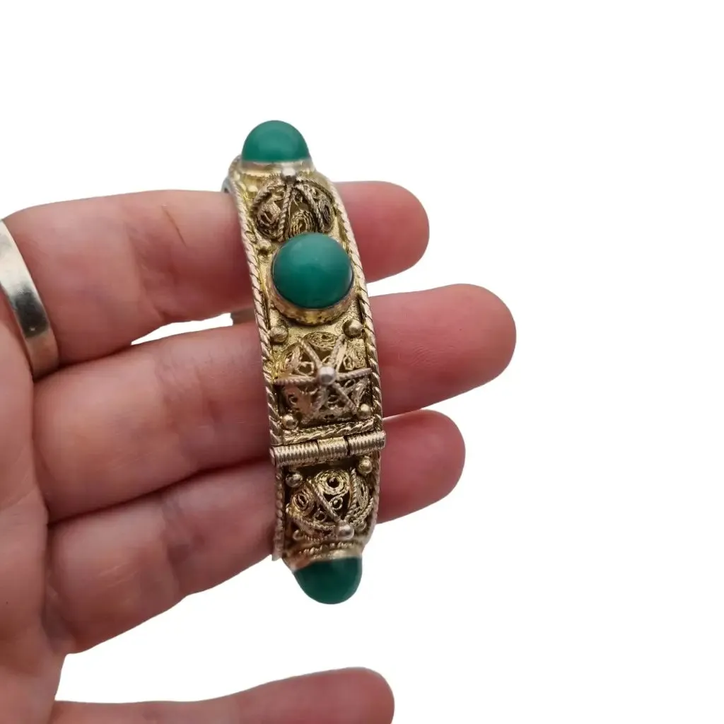 Silver filigree bracelet and green jade stones, gifts for women.
