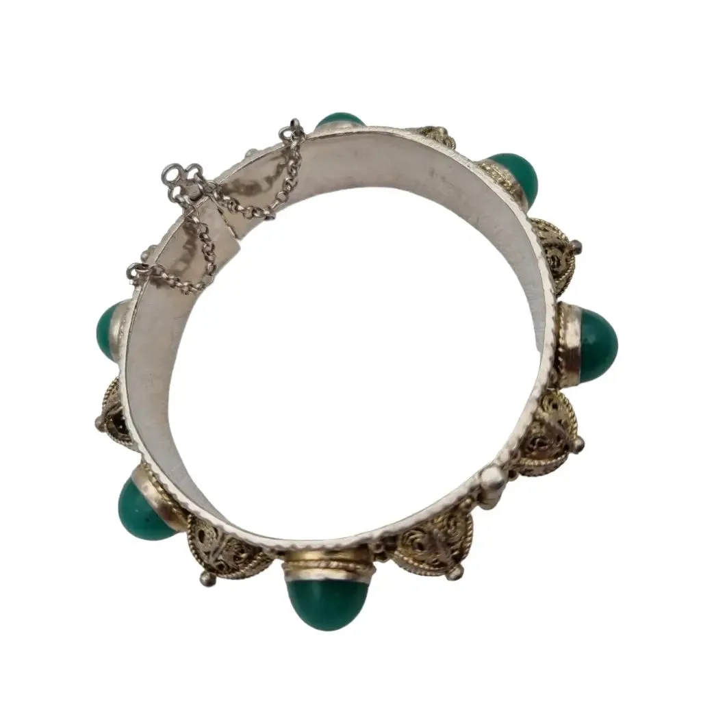 Silver filigree bracelet and green jade stones, gifts for women.