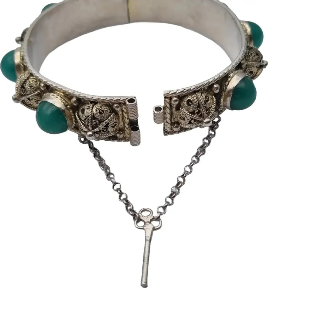 Silver filigree bracelet and green jade stones, gifts for women.