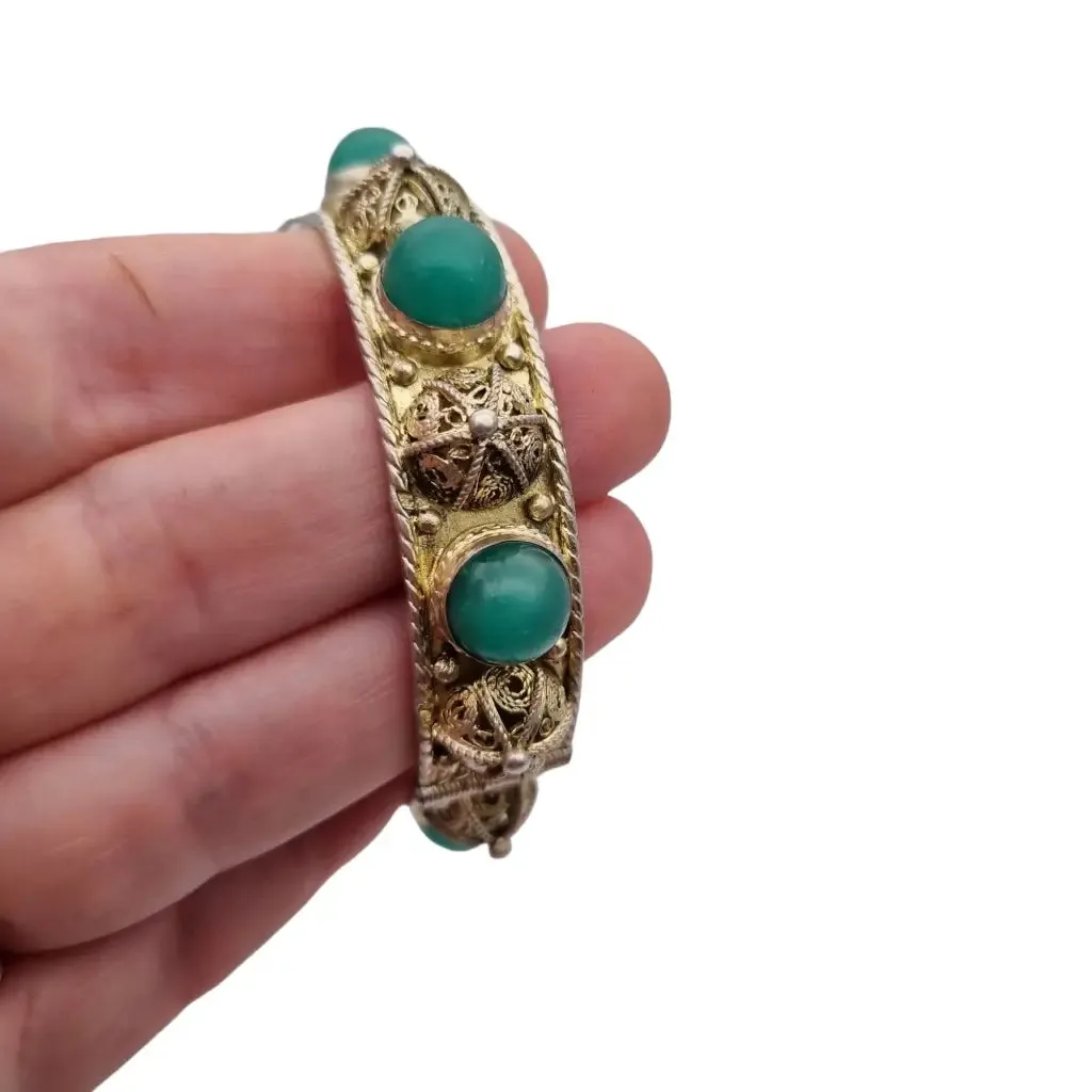 Silver filigree bracelet and green jade stones, gifts for women.