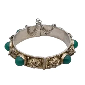 Silver filigree bracelet and green jade stones, gifts for women.