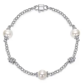 SS Filigree and 8mm Pearl Station Bracelet