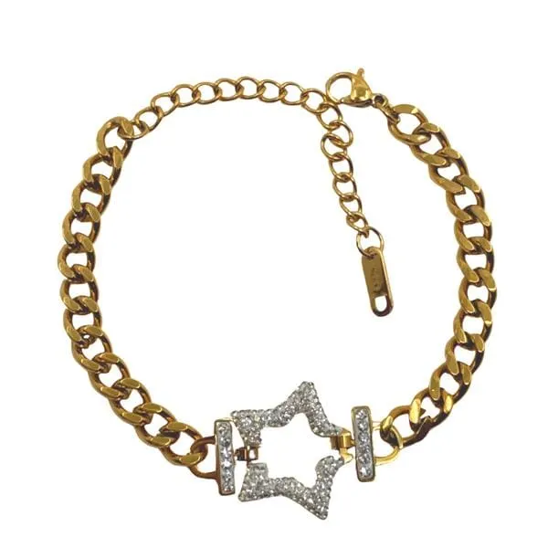 Stainless Steel: Gold Plated Curb Chain With Cz Star Bracelet (BGSS45STR)