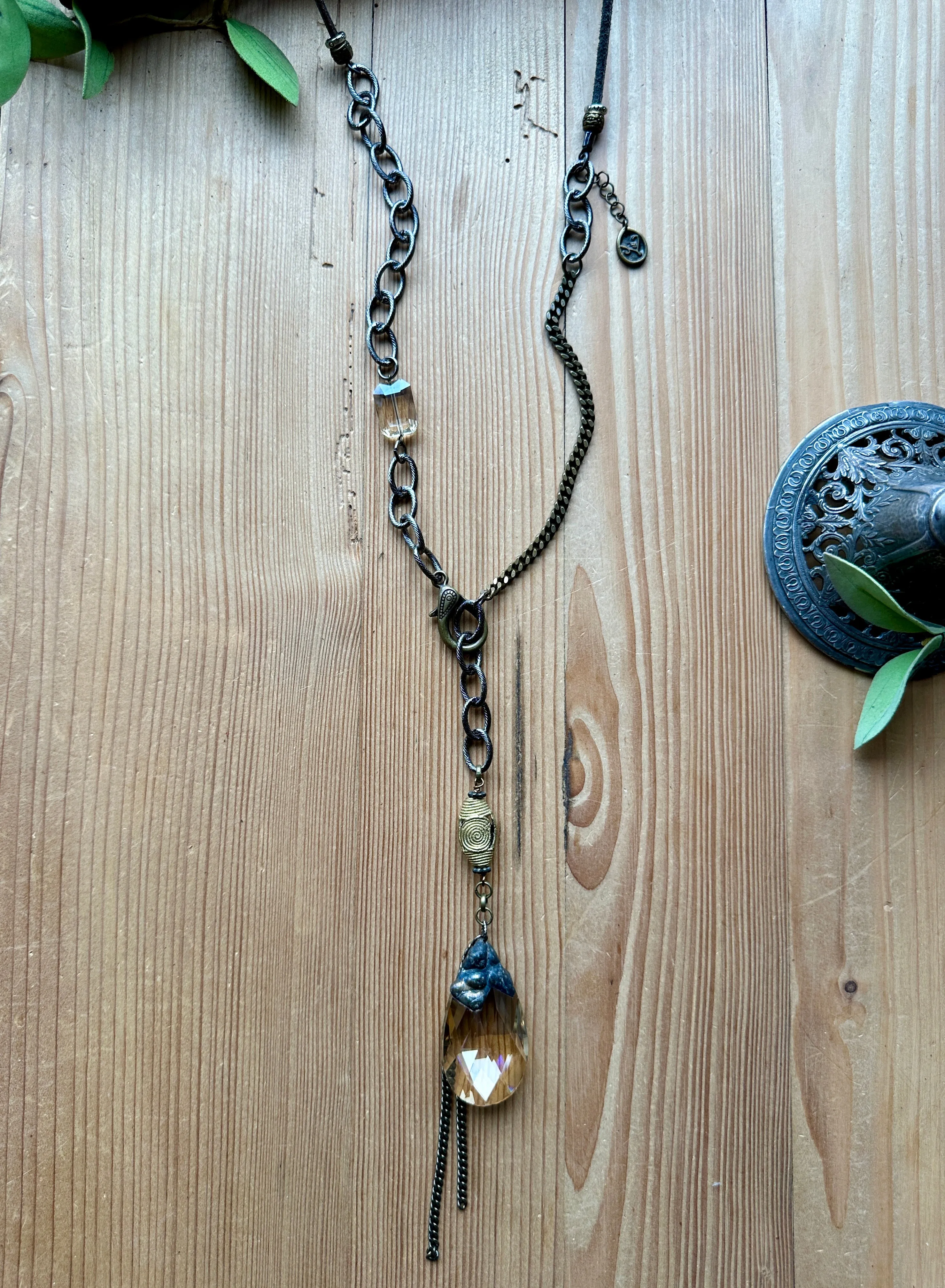 Urban Metal Long Teardrop Crystal Necklace