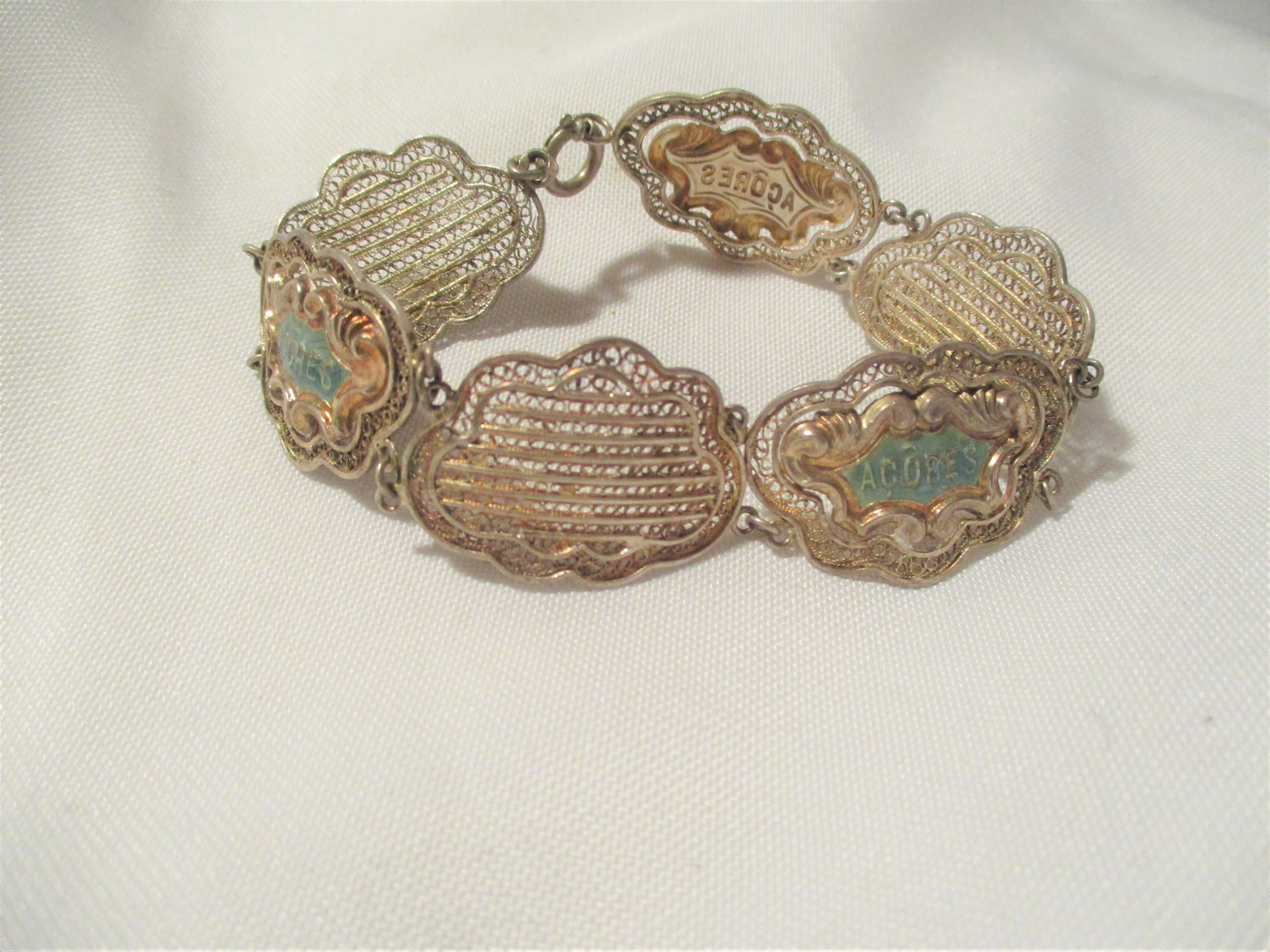 Vintage ACORES BLUE Silver Hinged CUFF BRACELET BANGLE Jewelry Boho Statement