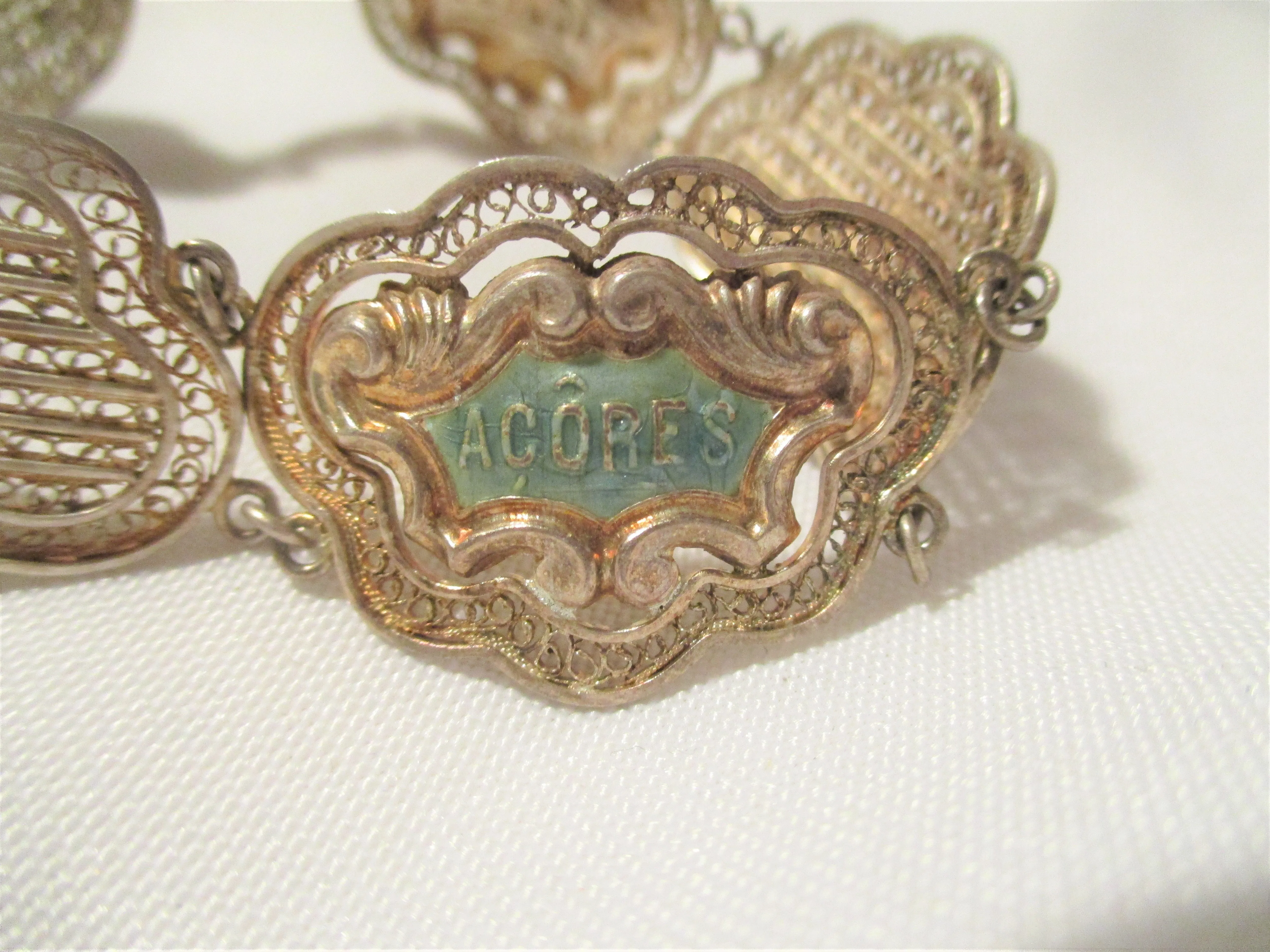 Vintage ACORES BLUE Silver Hinged CUFF BRACELET BANGLE Jewelry Boho Statement