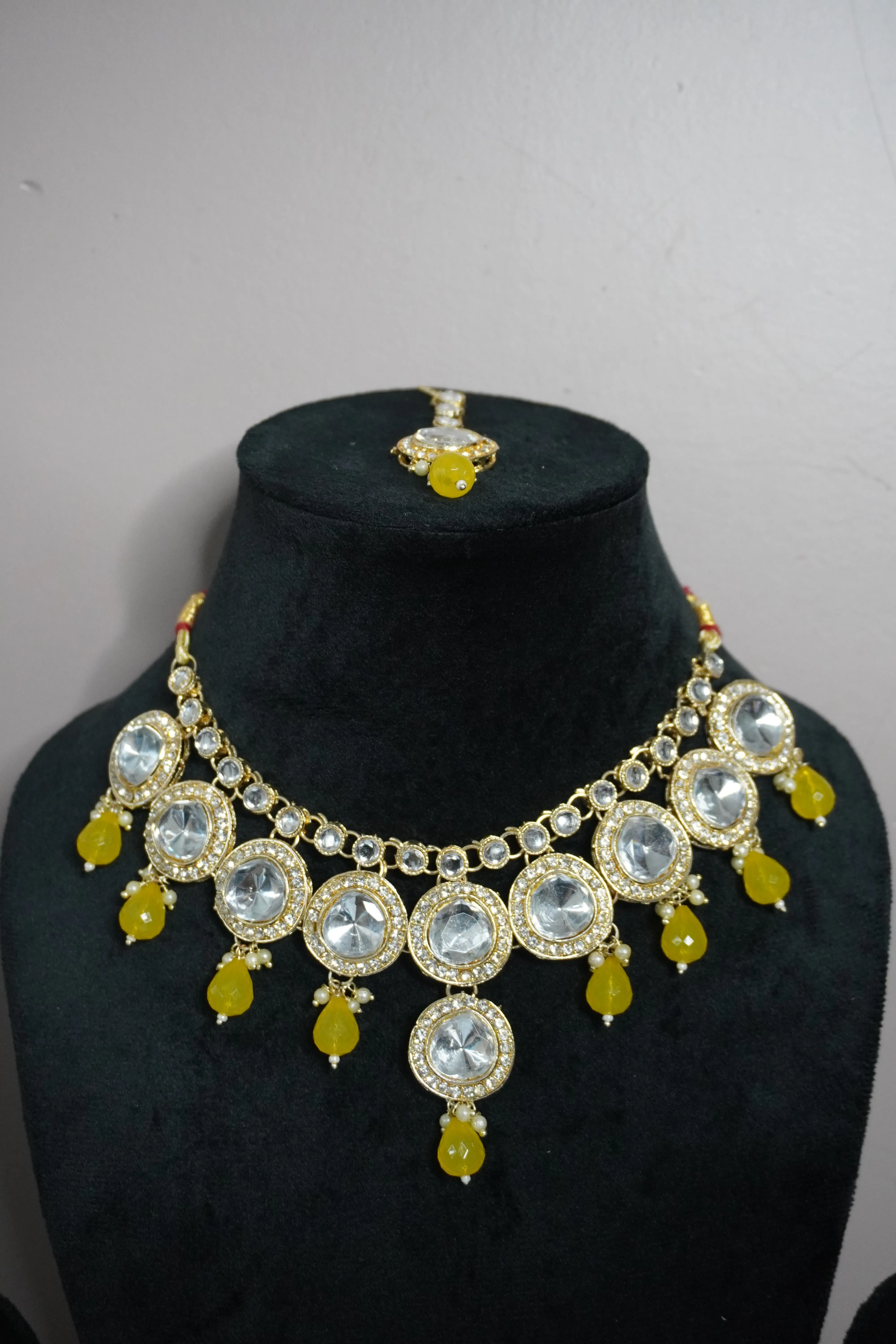 Yellow Colour Kundan Necklace with Earring & Maang Tikka